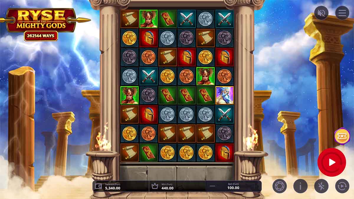 Ryse of the Mighty Gods slot game by OneTouch Gaming showing win of €440