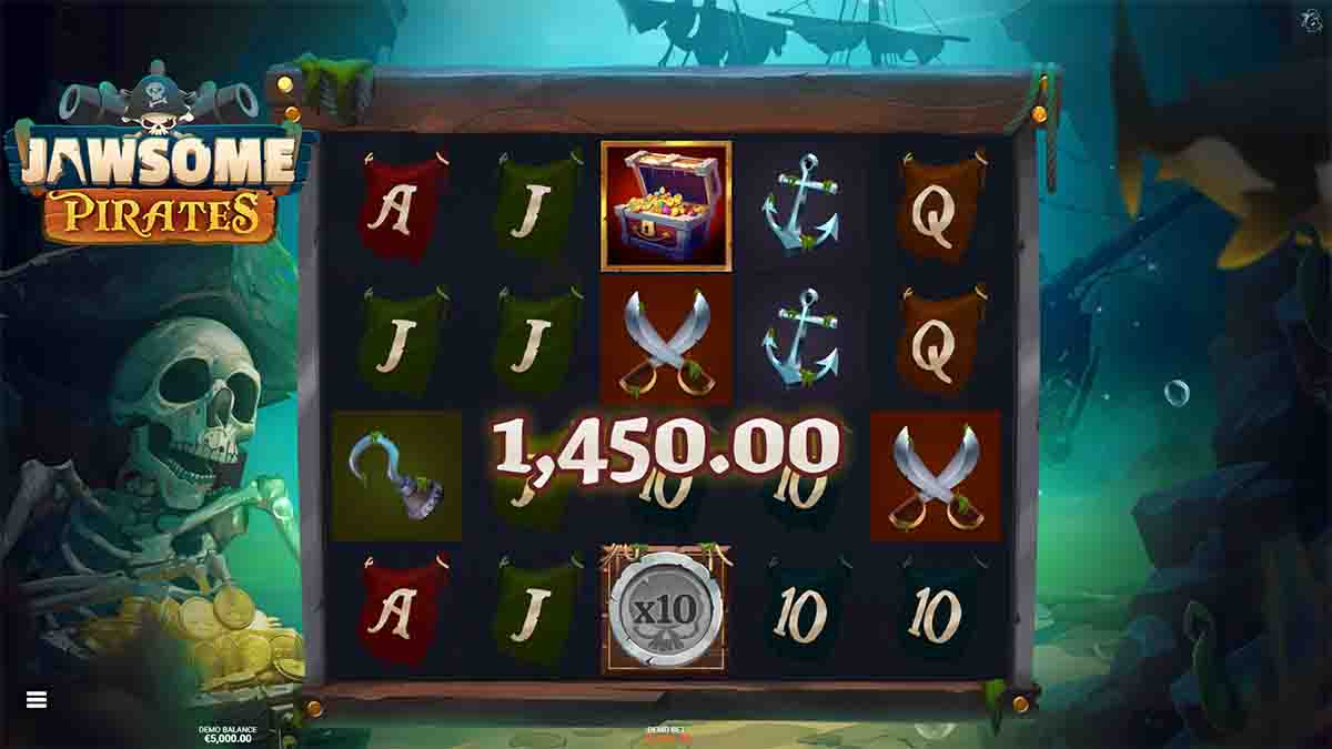 Jawsome Pirates slot game by Bullshark Games, 1450 win