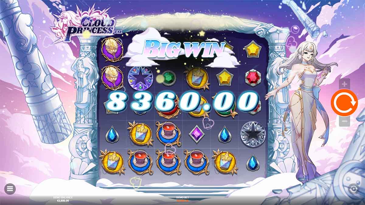 Cloud Princess slot game by Hacksaw Gaming, showing Big Win of 8360.00