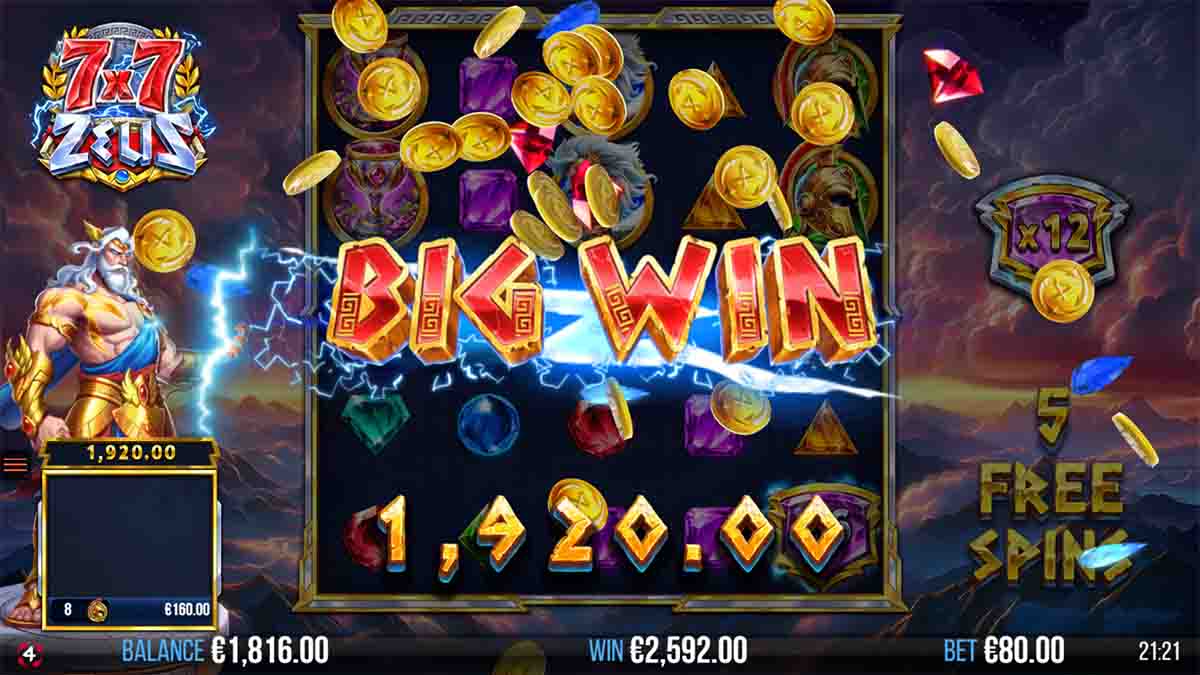 7x7 Zeus slot game by 4ThePlayer, Big Win €1,920