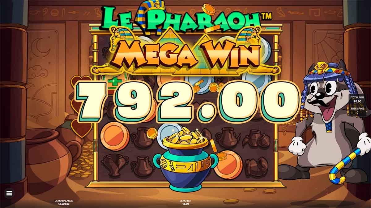 Le Pharaoh slot game by Hacksaw Gaming, showing Mega Win of 792.00