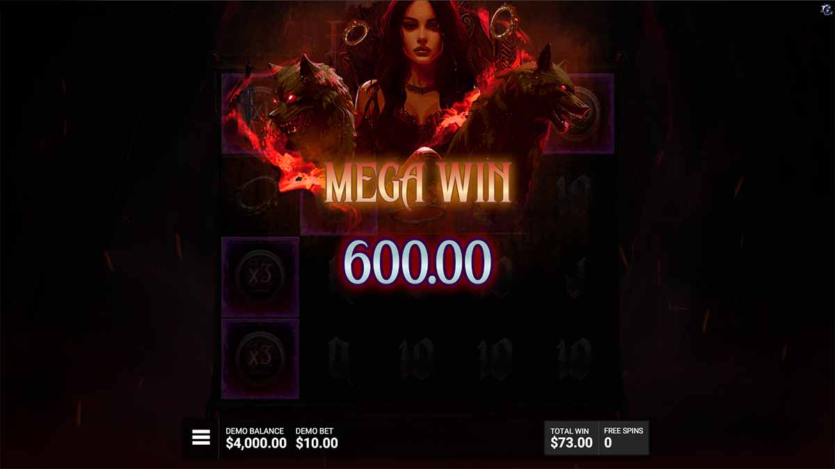 Empress of the Shadows slot game by Bullshark Games showing Mega Win of 600