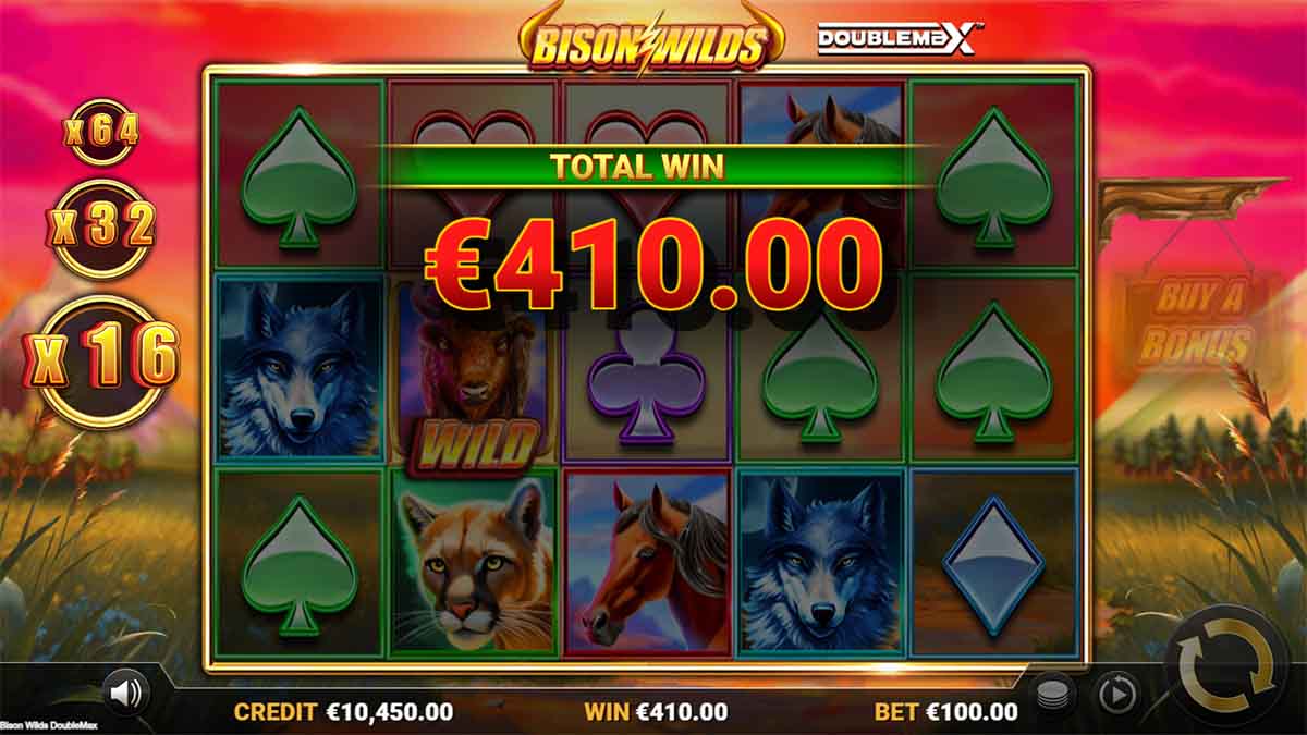 Bison Wilds DoubleMax slot game by Reflex Gaming, showing Total win of 410.00