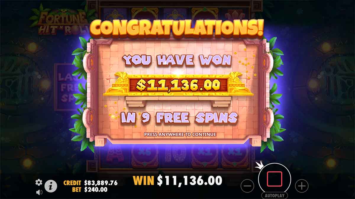 Fortune Hit 'N' Roll slot game by Pragmatic Play showing Total Win of $11,136 in 9 Spins