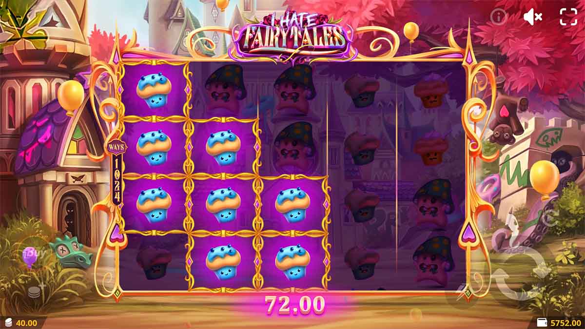 I Hate Fairytales slot game by Elysium Studios, showing Win 72.00