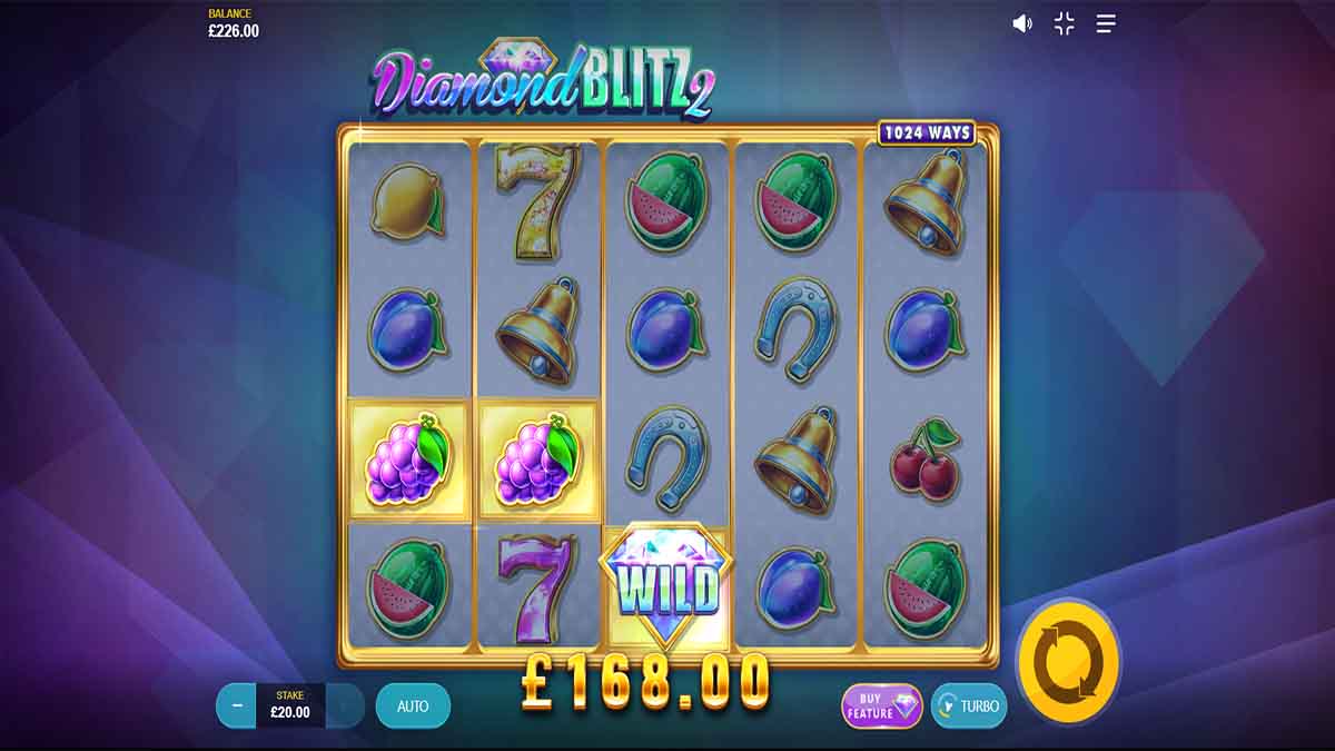 Diamond Blitz 2 slot game by Red Tiger Gaming, 168 win