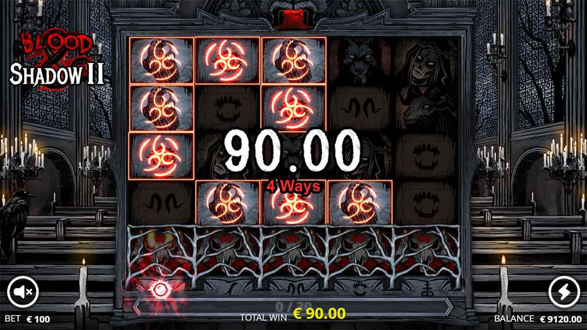 Blood & Shadow 2 slot game by Nolimit City, showing Win of 90.00