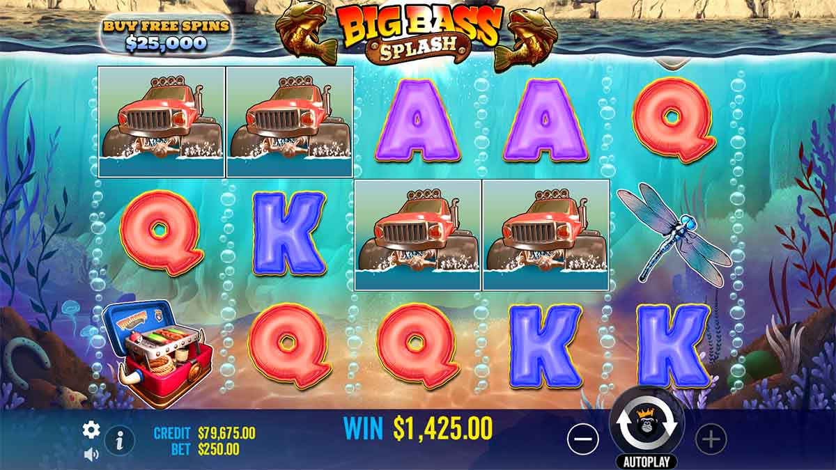 Big Bass Splash slot game by Pragmatic Play, showing Win of 1,425