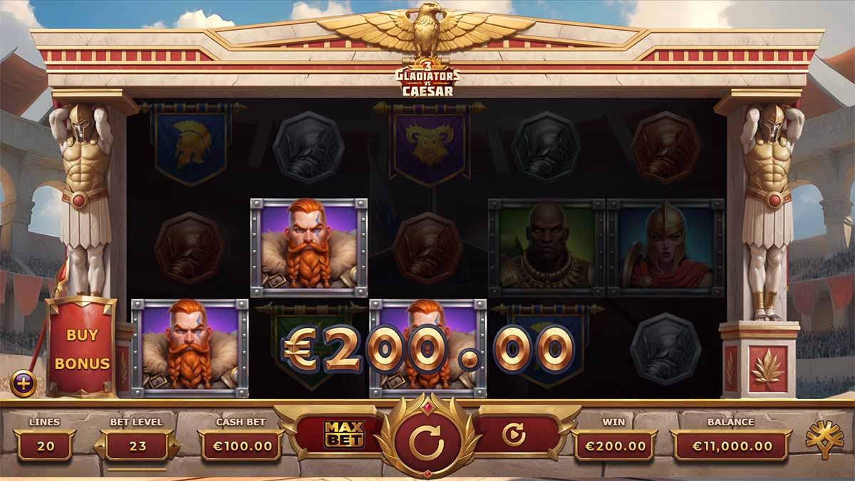 3 Gladiators vs Caesar slot game by Yggdrasil Gaming, showing Win of 200,00