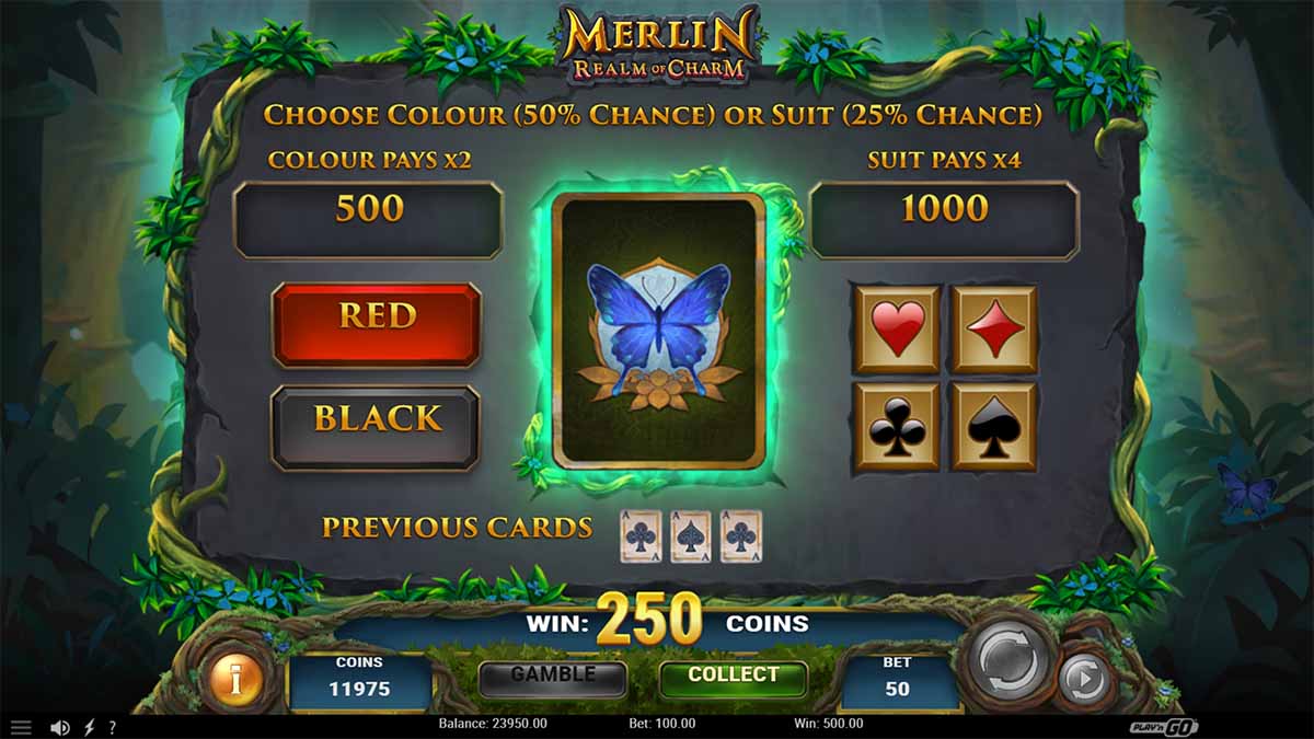 Merlin Realm of Charm slot game by Play'n GO, featuring Gamble your Win