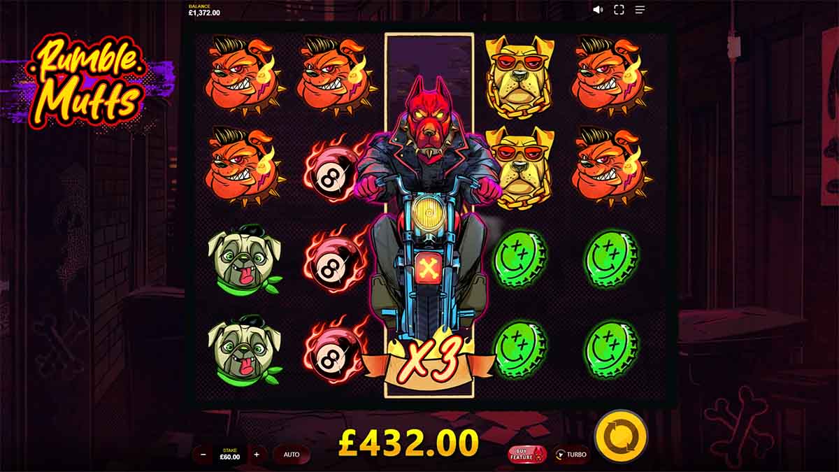 Rumble Mutts slot game by Max Win Gaming, showing Win of 432.00