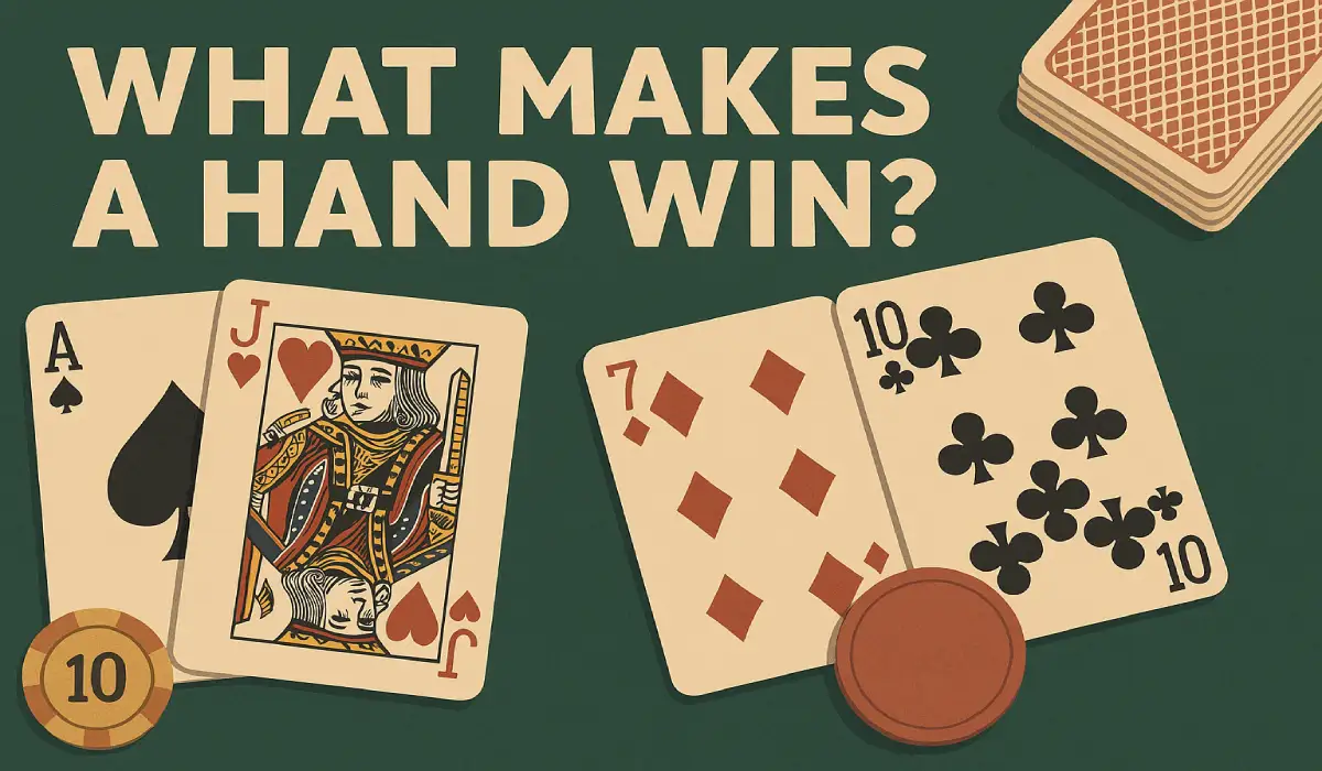image that contains two pair of cards an ace and jack and seven, ten showing a text: what makes a hand Win?