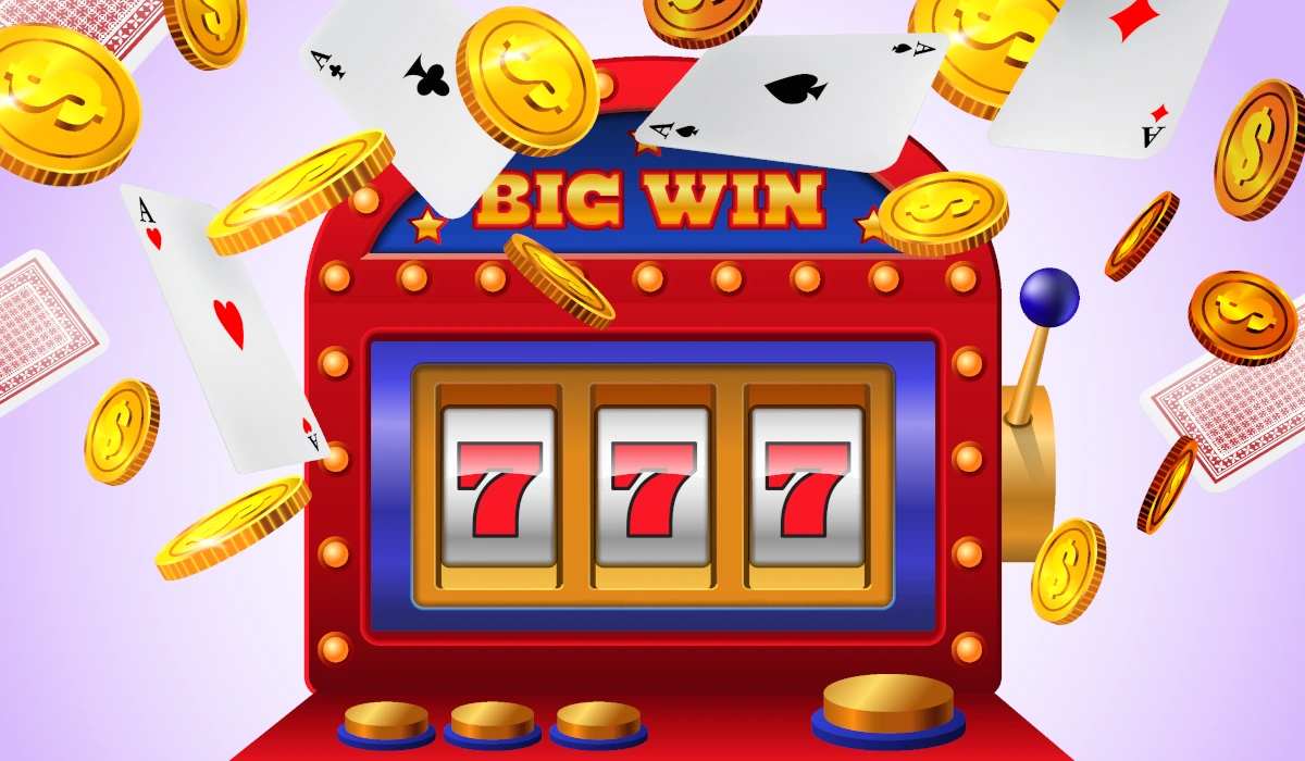 Online slot machine big win with triple 7s, gold coins, and playing cards flying in the air, casino jackpot celebration, gambling and casino game concept