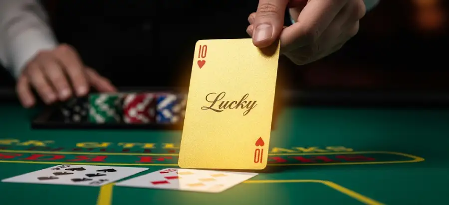 blackjack table with lucky card 10 showing 