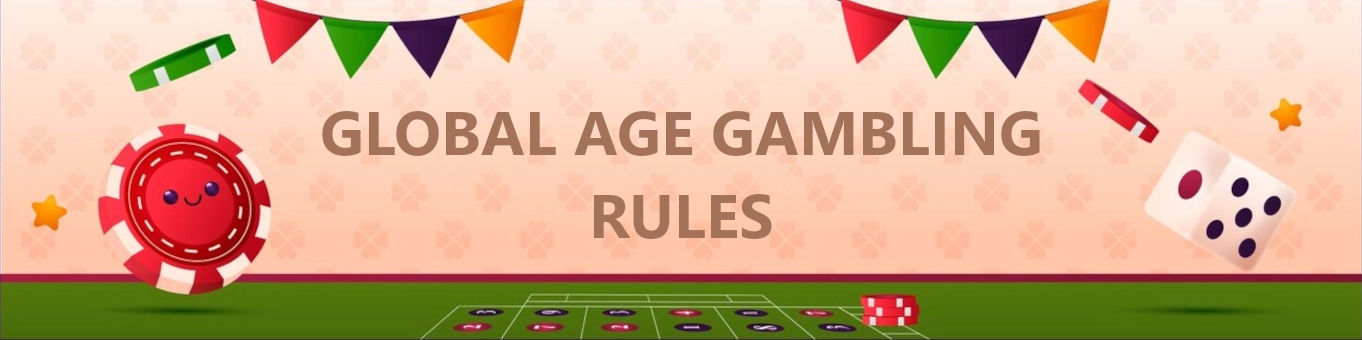 Global age gambling rules banner with colorful bunting, casino chips, dice, and roulette table on festive background