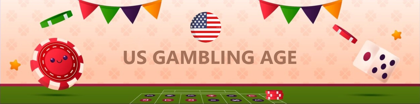 US gambling age banner with American flag, colorful bunting, poker chips, dice, and roulette table background
