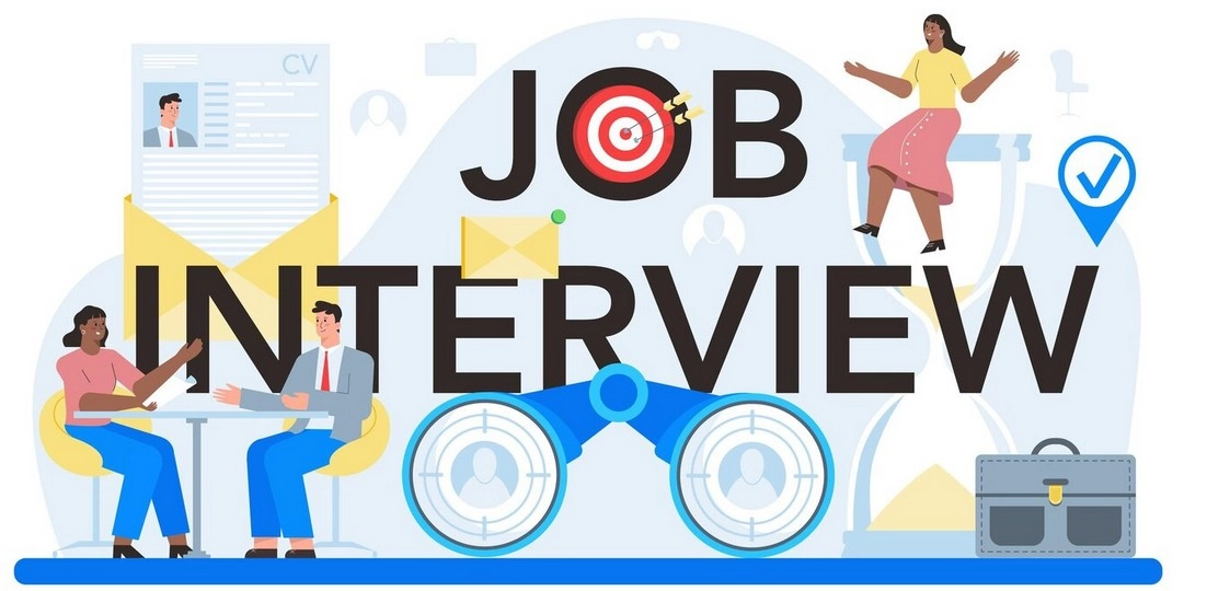 Colorful illustration of a job interview process with a candidate and interviewer at a table, resume documents, and job search elements with large 'JOB INTERVIEW' text - perfect for casino dealer applicants preparing for interviews