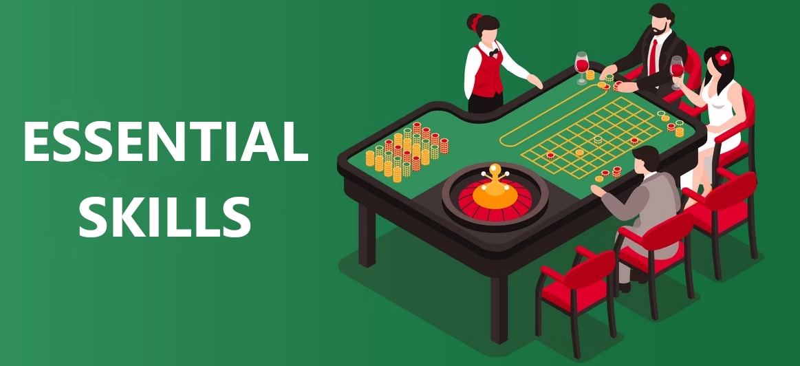 Essential skills for casino dealers: Illustration showing a roulette table with dealer and players, highlighting the professional environment of casino card dealing