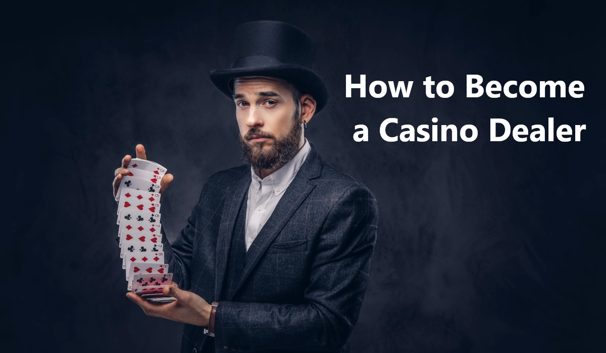 How to become a casino dealer: Professional card dealer in formal attire demonstrating card handling skills with a fan of playing cards