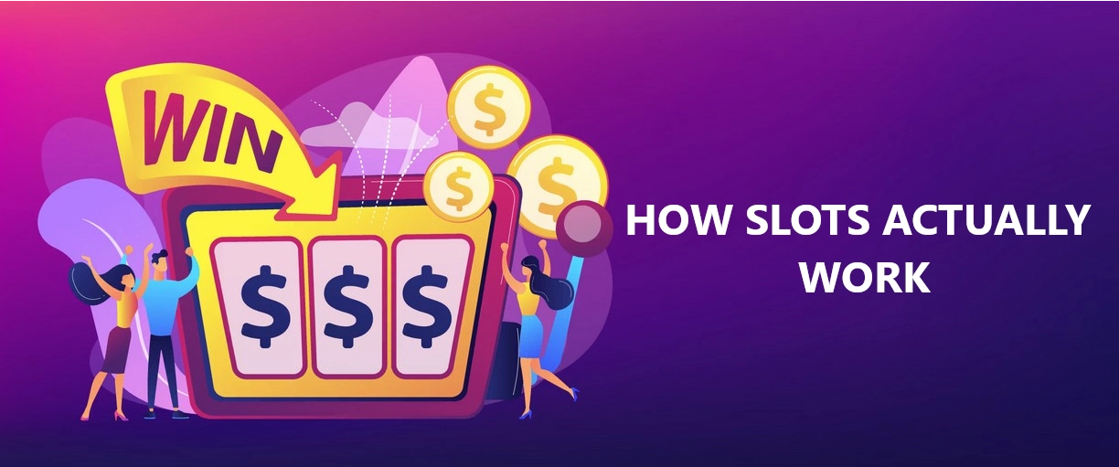 People celebrating a slot machine win, with dollar signs and coins, illustrating how slot machines actually work