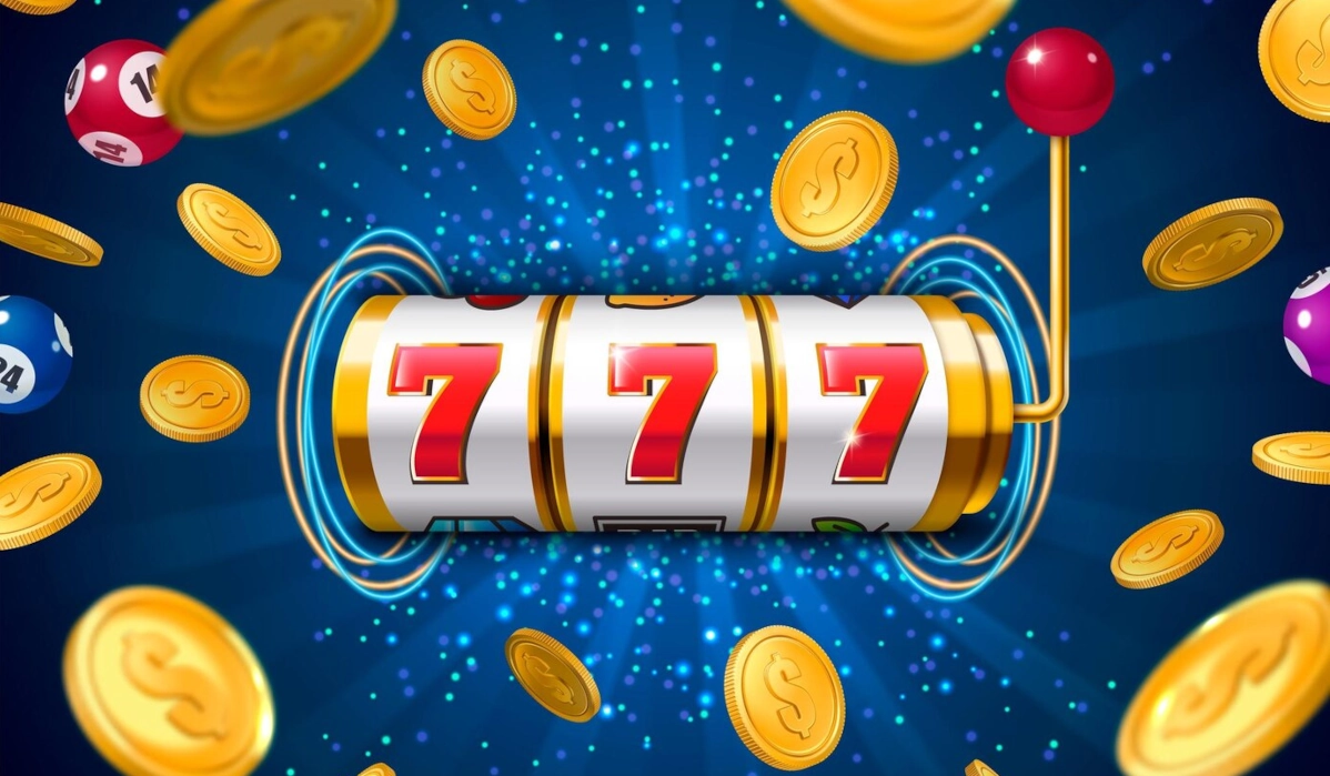 Slot machine showing a jackpot win with triple sevens and gold coins flying around on a blue background