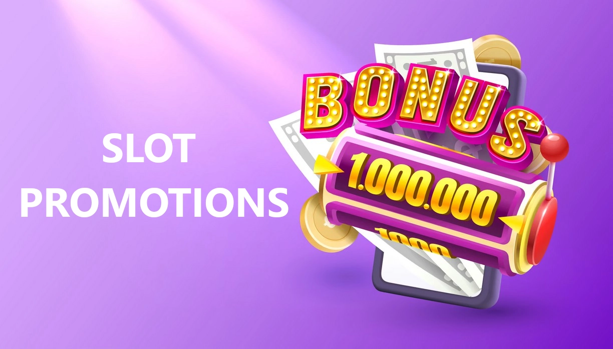 Colorful slot machine bonus promotion banner with the words 'Slot Promotions' and a jackpot graphic showing 1,000,000 on a purple background