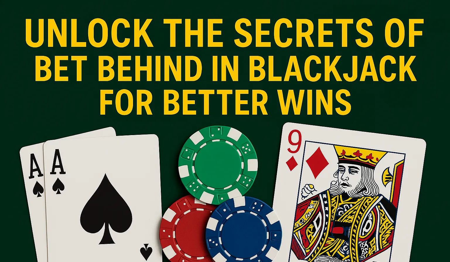 Blackjack strategy graphic showing two aces, a nine of diamonds, poker chips, and bold yellow text reading 'Unlock the secrets of bet behind in blackjack for better wins' on a green background.
