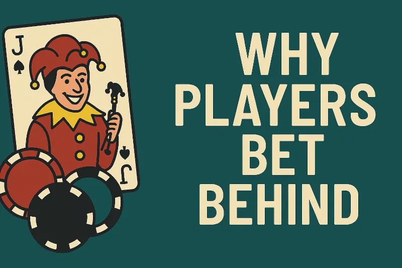 Illustration of a joker playing card with poker chips and bold text reading 'Why Players Bet Behind' explaining bet behind strategy in casino games