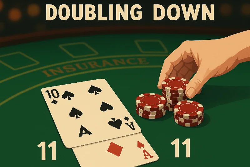 Hand doubling down in blackjack with an 11 total showing ace and ten of spades, casino chips on green table.