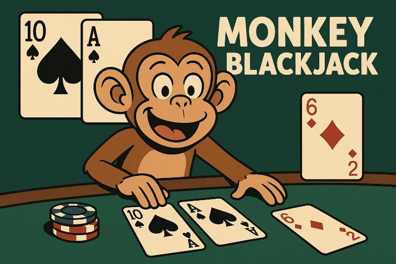 Monkey cartoon at a blackjack table with cards showing a blackjack hand, poker chips, and "Monkey Blackjack" text, illustrating the term "monkey" in blackjack card counting