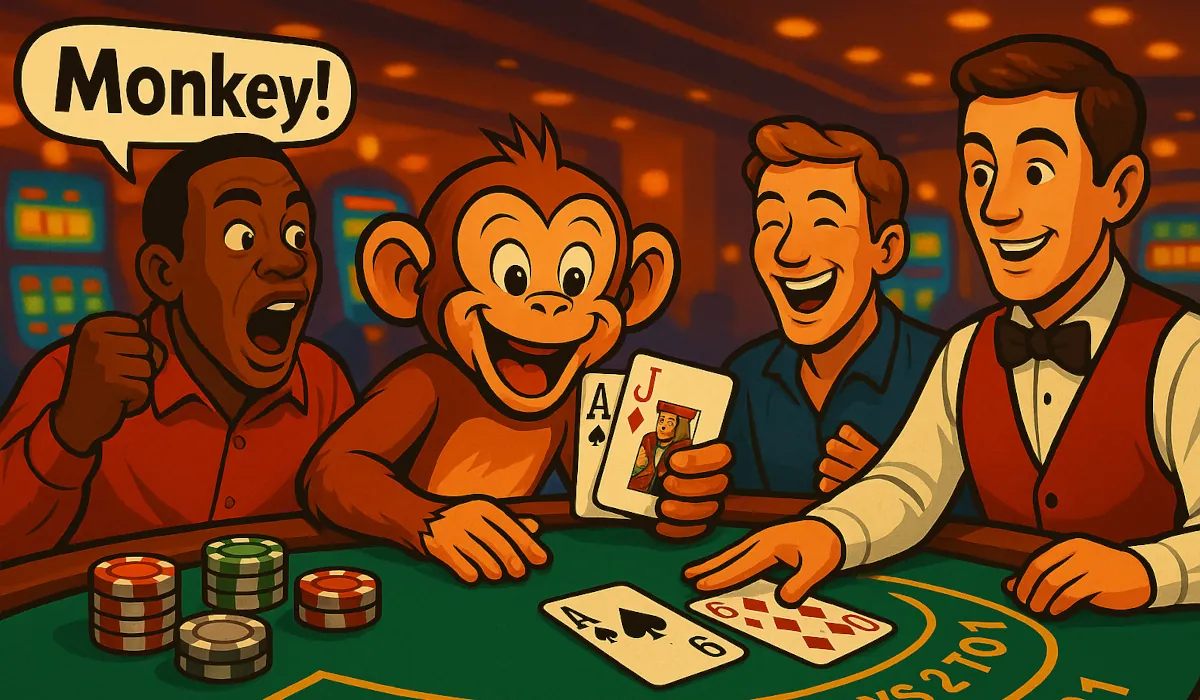 A cartoon monkey sits at a casino blackjack table, happily holding an ace of spades and jack of diamonds, indicating a blackjack hand. The monkey is surrounded by people, including a dealer in a red vest and bow tie, and poker chips are stacked on the table. A speech bubble above the monkey says "Monkey!" The background shows colorful casino lights and slot machines.