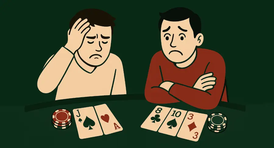 showing 2 people with cards and chips on blackjack table