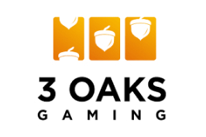 3 Oaks Gaming logo features an icon of a slot machine with three columns, each displaying orange and white symbols, followed by the text 3 OAKS GAMING below the icon