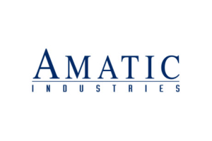 Amatic logo with the word Amatic in elegant dark blue letters, often stylized with a slight curve