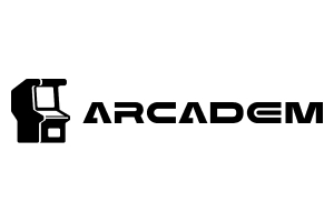 Arcadem logo with slot machine icon on the left followed by bold black text spelling Arcadem, featuring a futuristic design