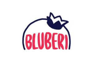 Blueberi logo features BLUBERI in purple inside a half-circle, complemented by a clown hat