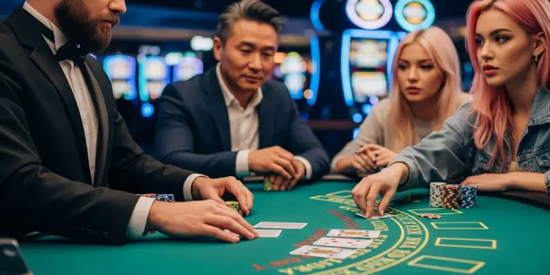 people playing blackjack on a table