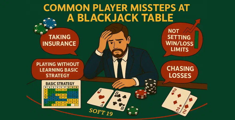Blackjack player making common mistakes at casino table