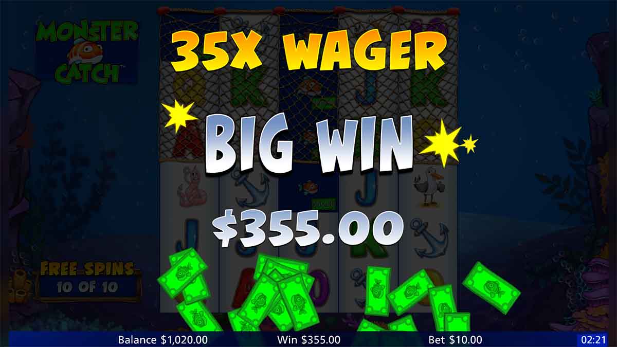 monster-catch-slot-game-by-light-and-wonder-showing-total-win-of-355-from-10-free-spins-35x-wager