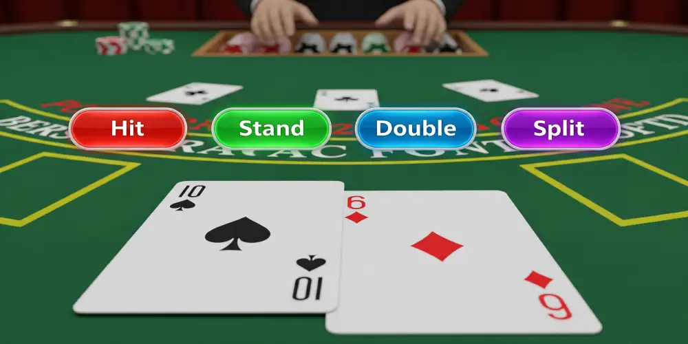 showing a blackjack table with 4 options hit, stand, double, split