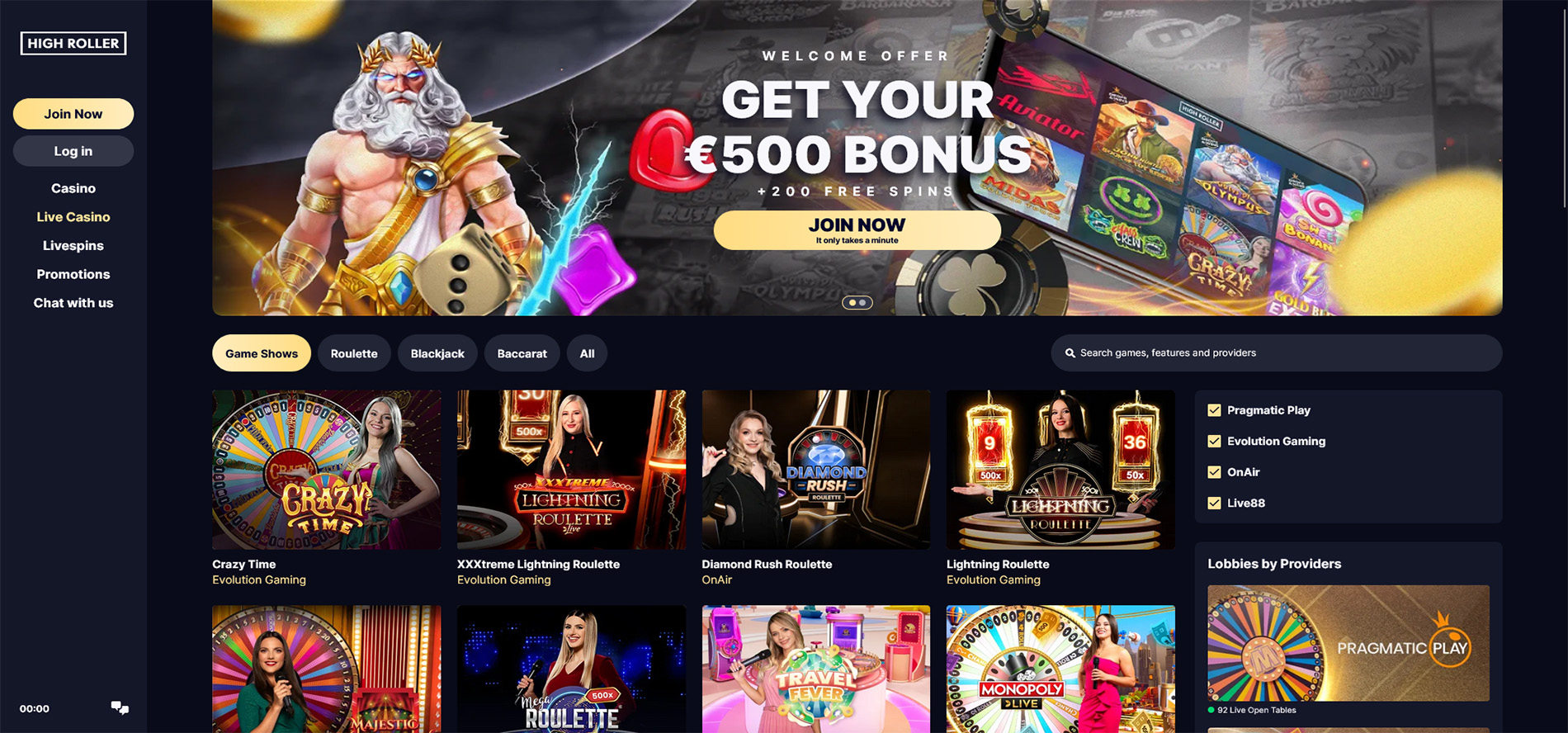 High Roller online casino, live casino page