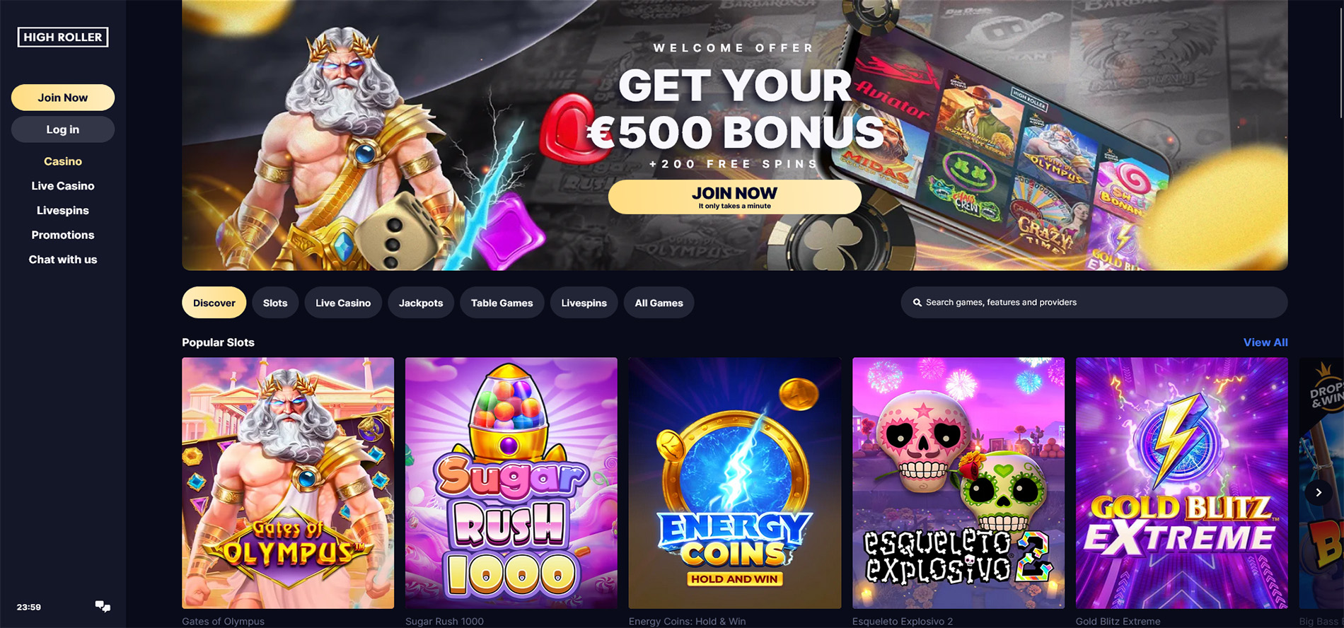 High Roller online casino home page