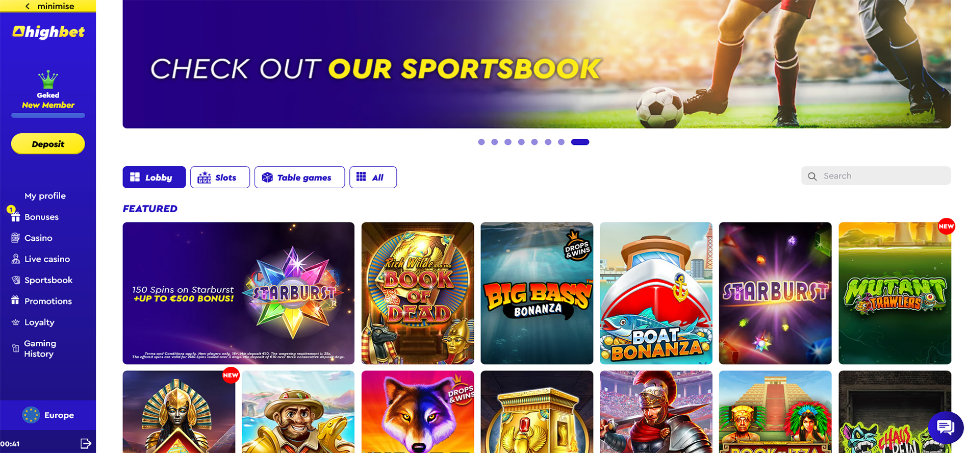 Highbet online casino home page