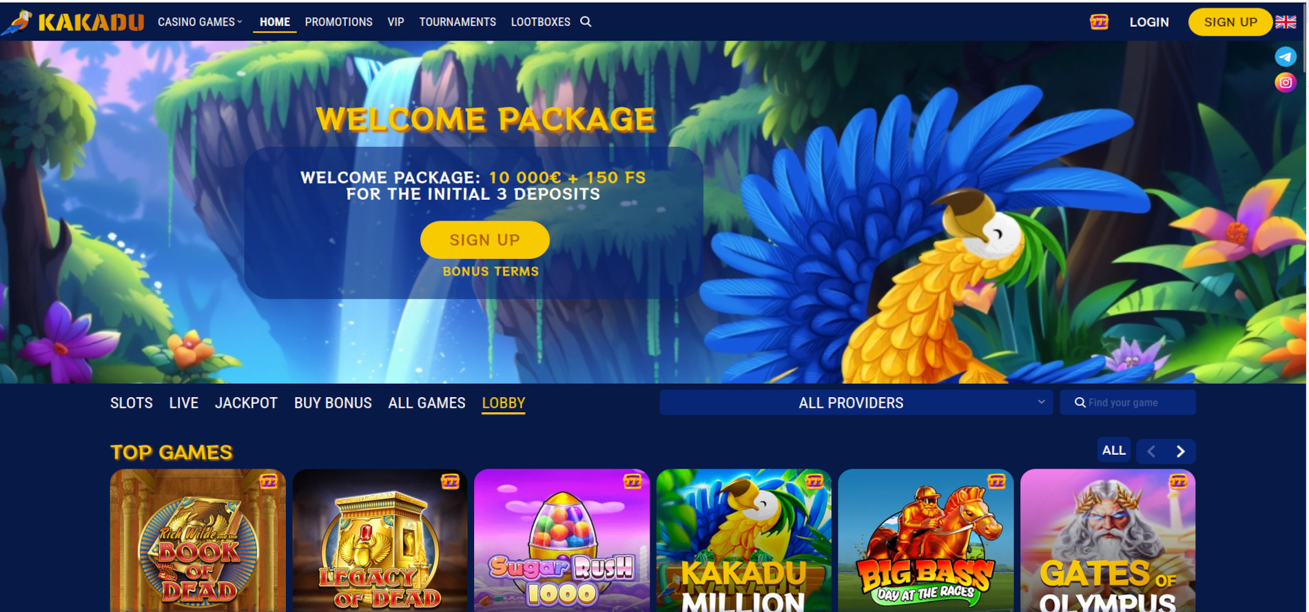 Kakadu online casino home page screenshot