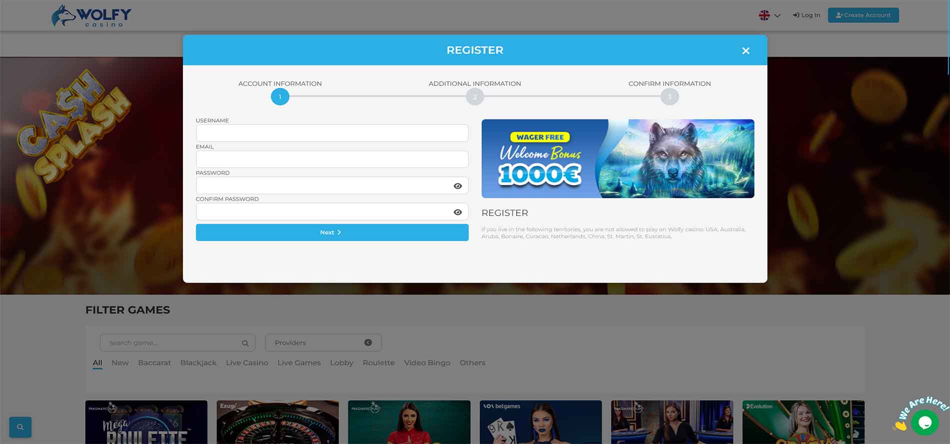 Wolfy Casino Register popup