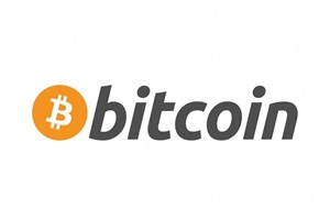 Bitcoin logo with a bold orange circle containing a white uppercase B with two vertical lines followed by bitcoin text in black