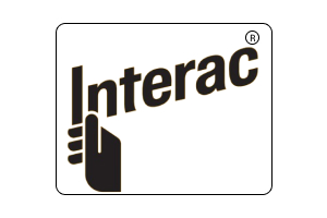 Interac logo, features the word Interac in black, housed within a yellow rectangular shape, symbolizing secure payment