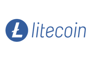 Litecoin logo features L with line across it, inside a blue circle and litecoin word on right