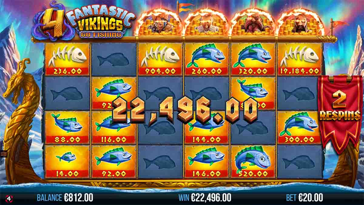 4 Fantastic Vikings Go Fishing slot game by 4ThePlayer, showing Win of 22,496 in Free Respins Round