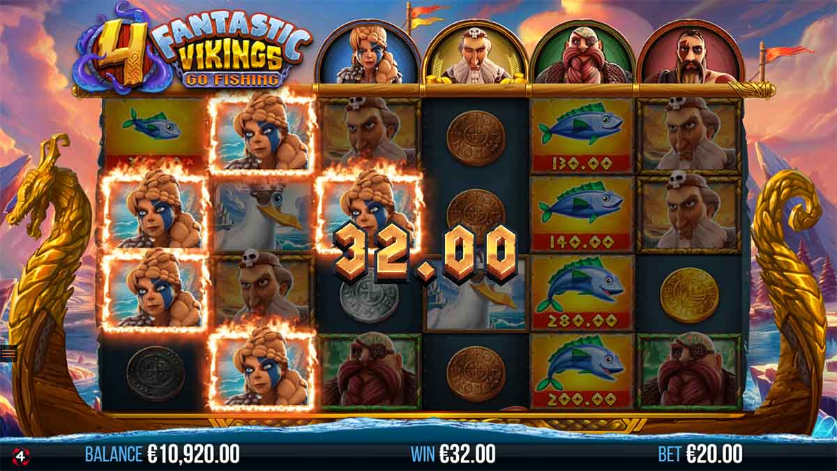 4 Fantastic Vikings Go Fishing slot game by 4ThePlayer, showing Win of 32.00